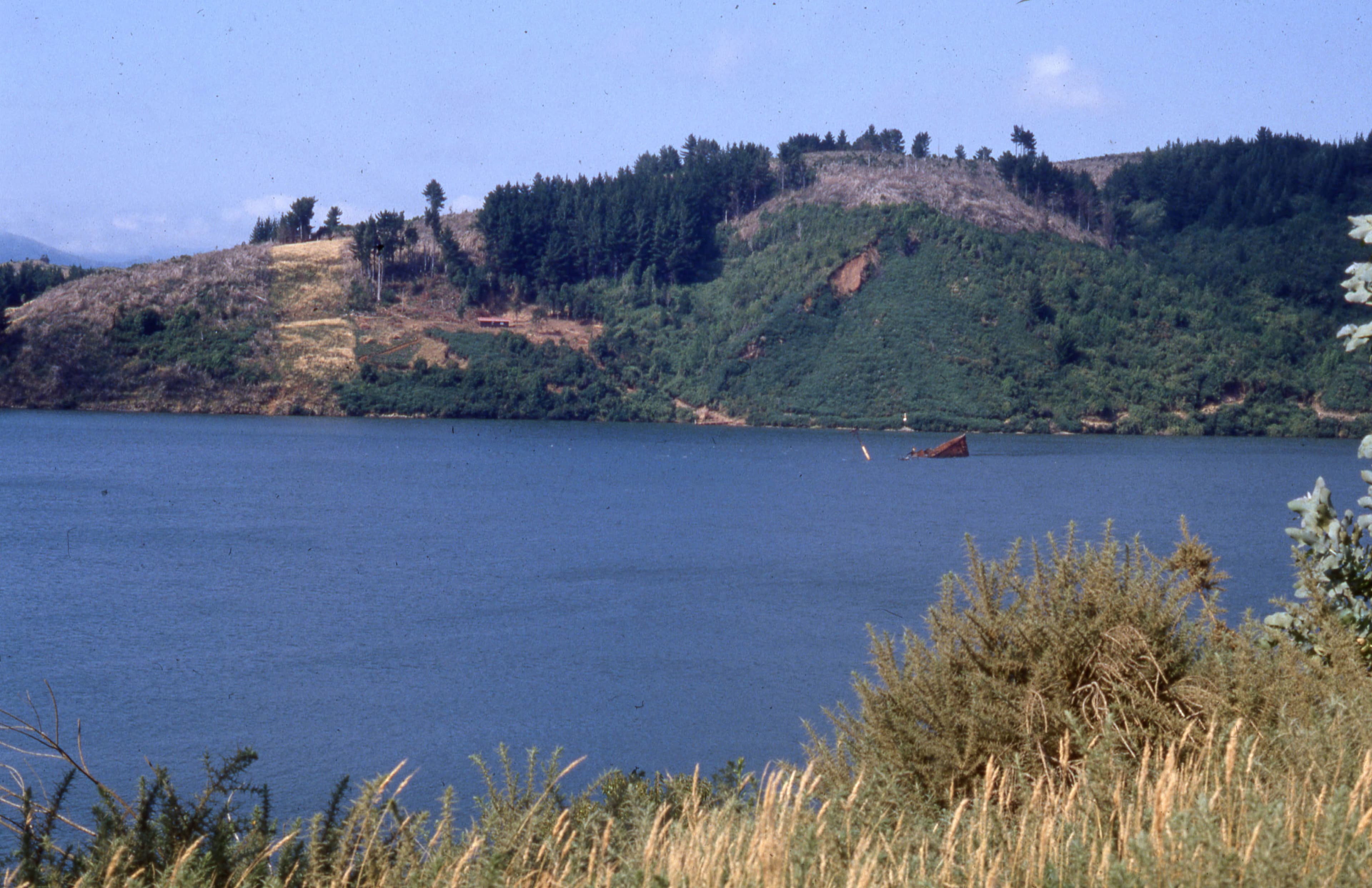 Vapor Canelos hundido en Río Valdivia, atrás la Isla del Rey, ca. 1970