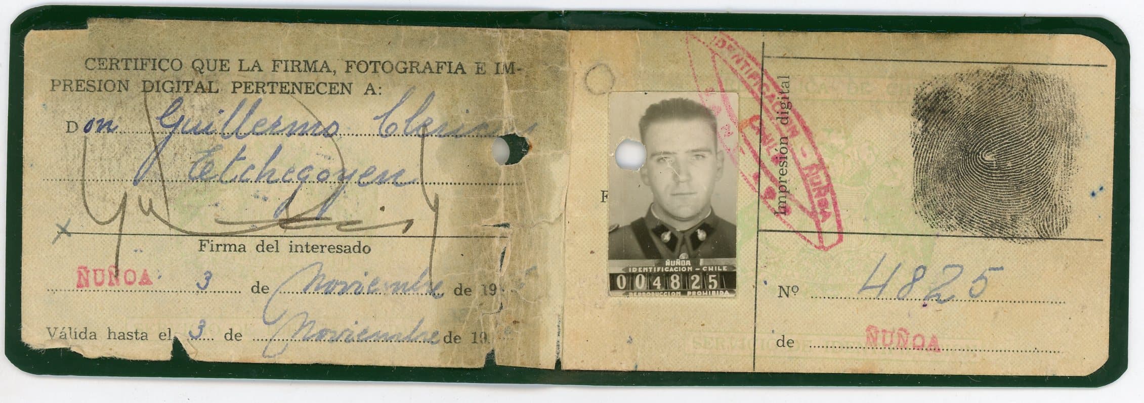 Carnet de identidad Guillermo Clericus, 1955