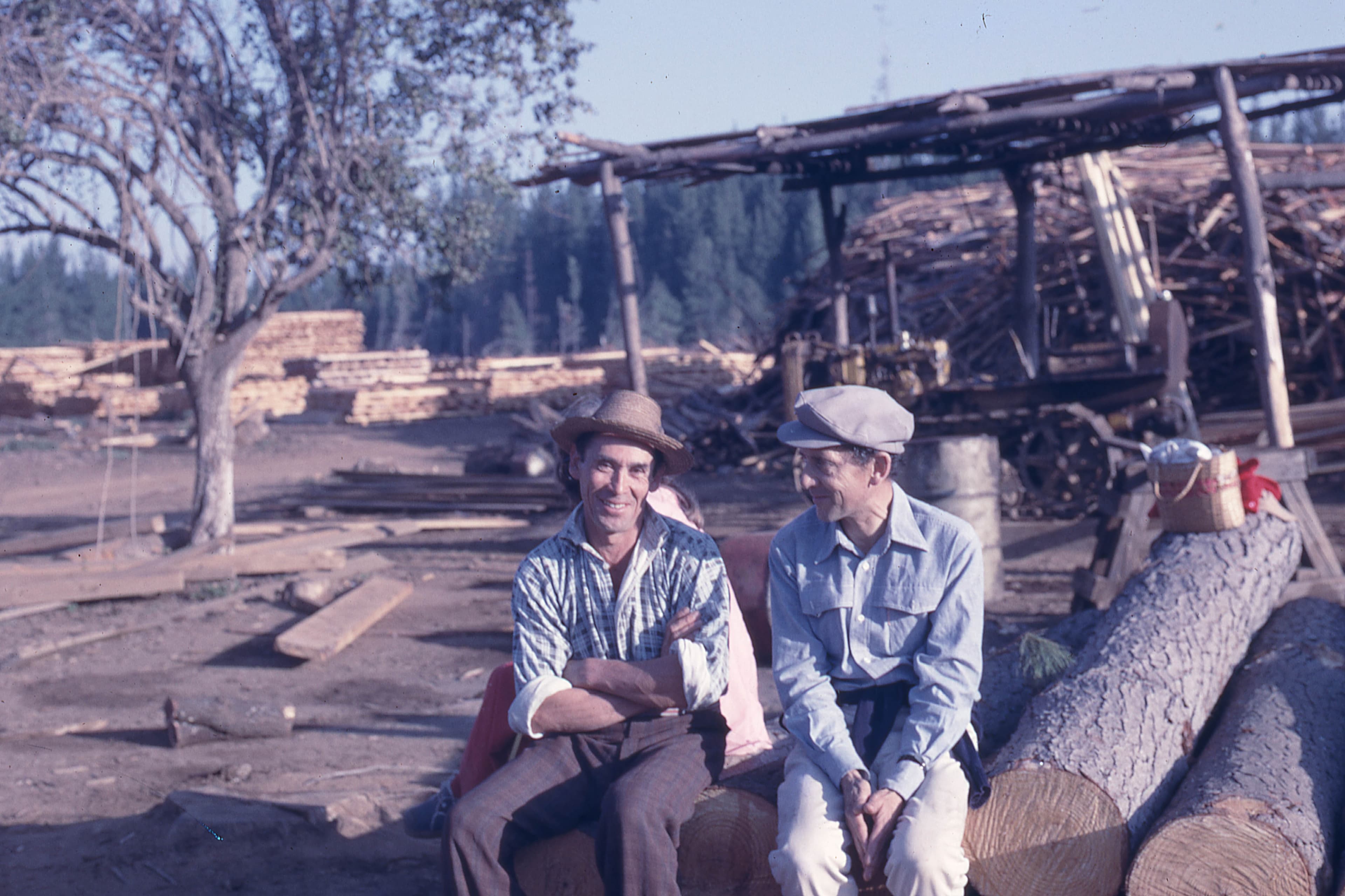 Dos hombres sentados en un tronco en el aserradero, 1975