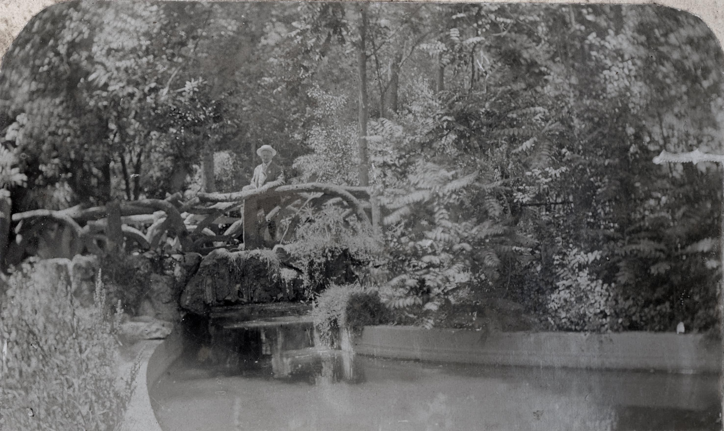 Hombre en un parque o jardín no identificado, ca. 1900